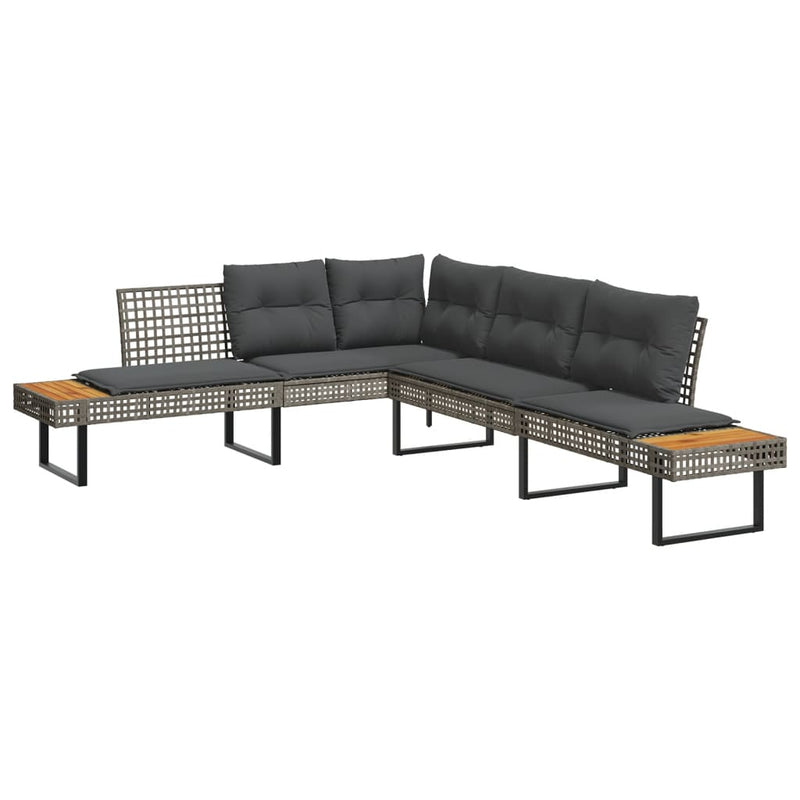 vidaXL Garden Sofa with Cushions L-shaped Grey Poly Rattan and Acacia