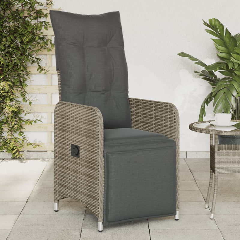 vidaXL Reclining Garden Chair with Cushions Grey Poly Rattan