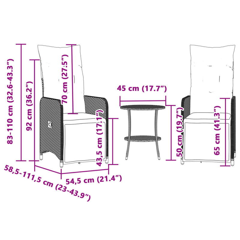 vidaXL Reclining Garden Chairs 2 pcs with Table Grey Poly Rattan