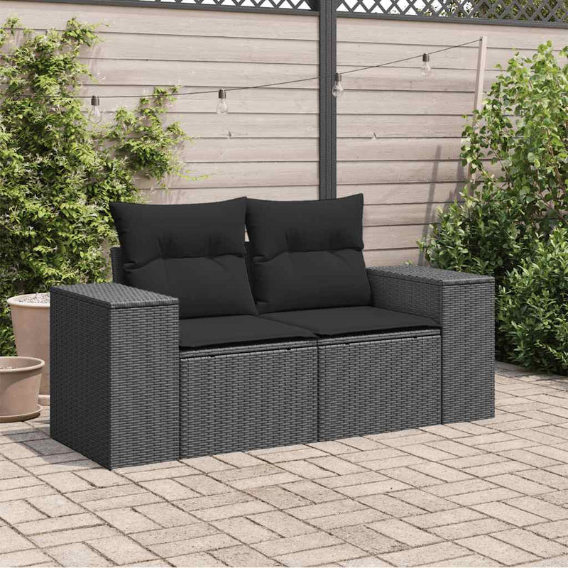 vidaXL Garden Sofa with Cushions 2-Seater Black Poly Rattan