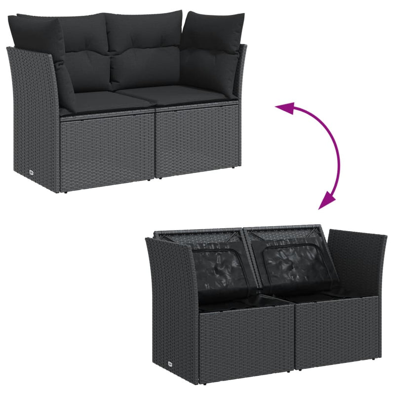 vidaXL Garden Sofa with Cushions 2-Seater Black Poly Rattan