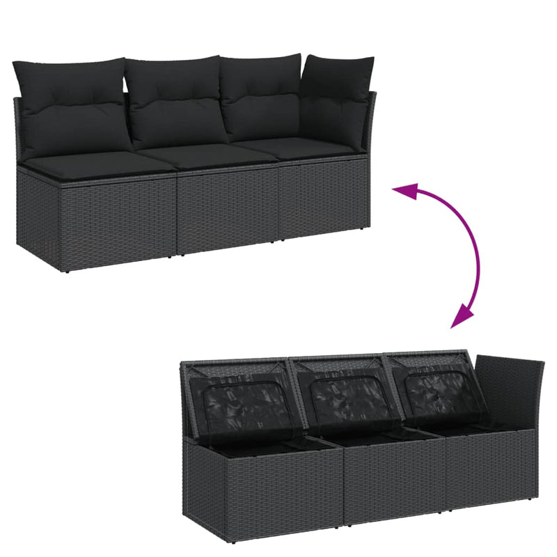 vidaXL Garden Sofa with Cushions 3-Seater Black Poly Rattan