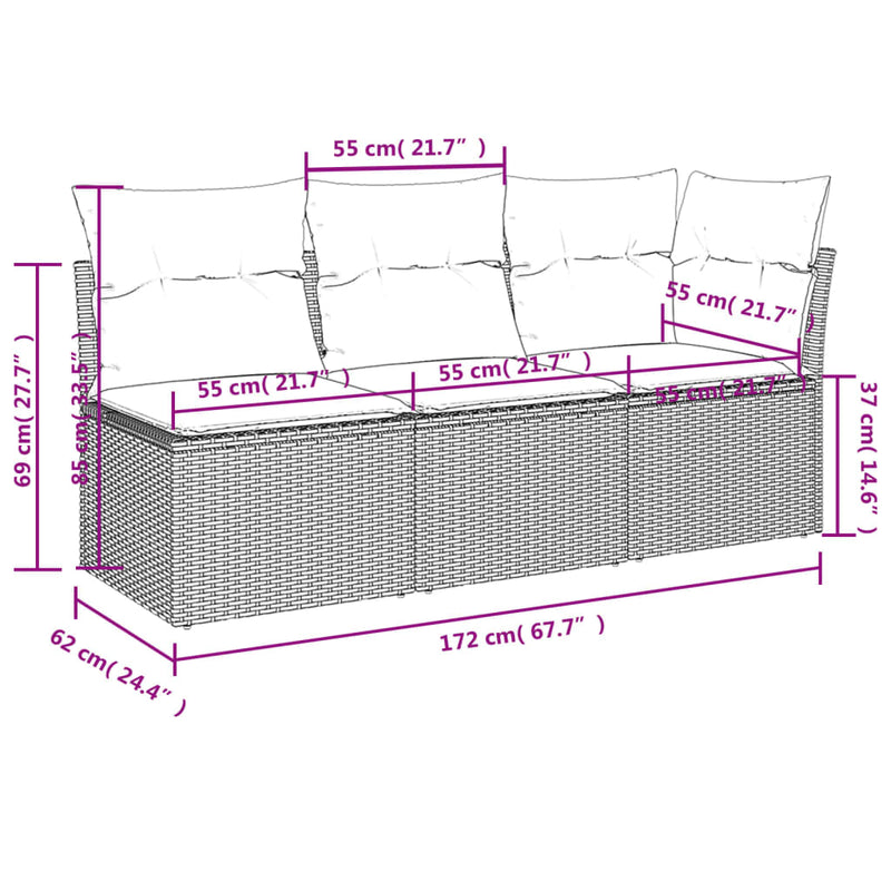 vidaXL Garden Sofa with Cushions 3-Seater Black Poly Rattan