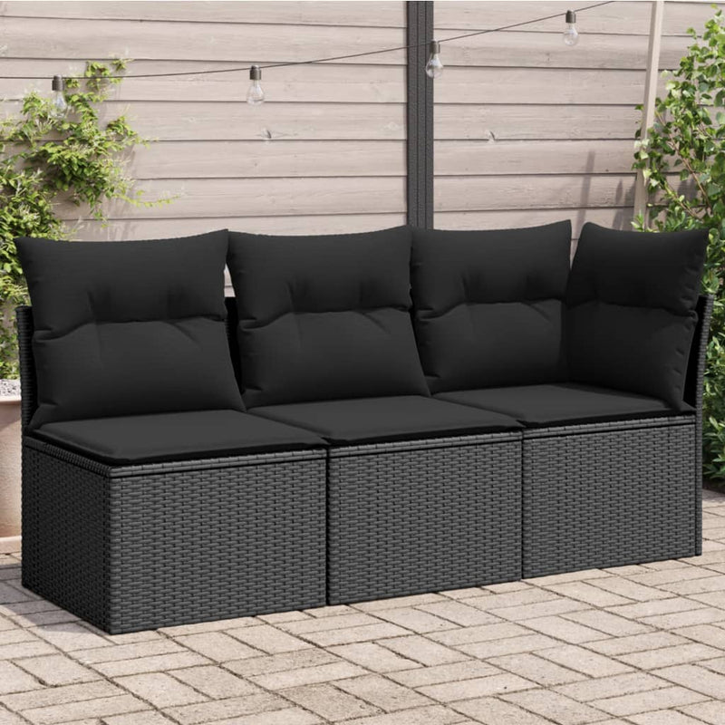 vidaXL Garden Sofa with Cushions 3-Seater Black Poly Rattan