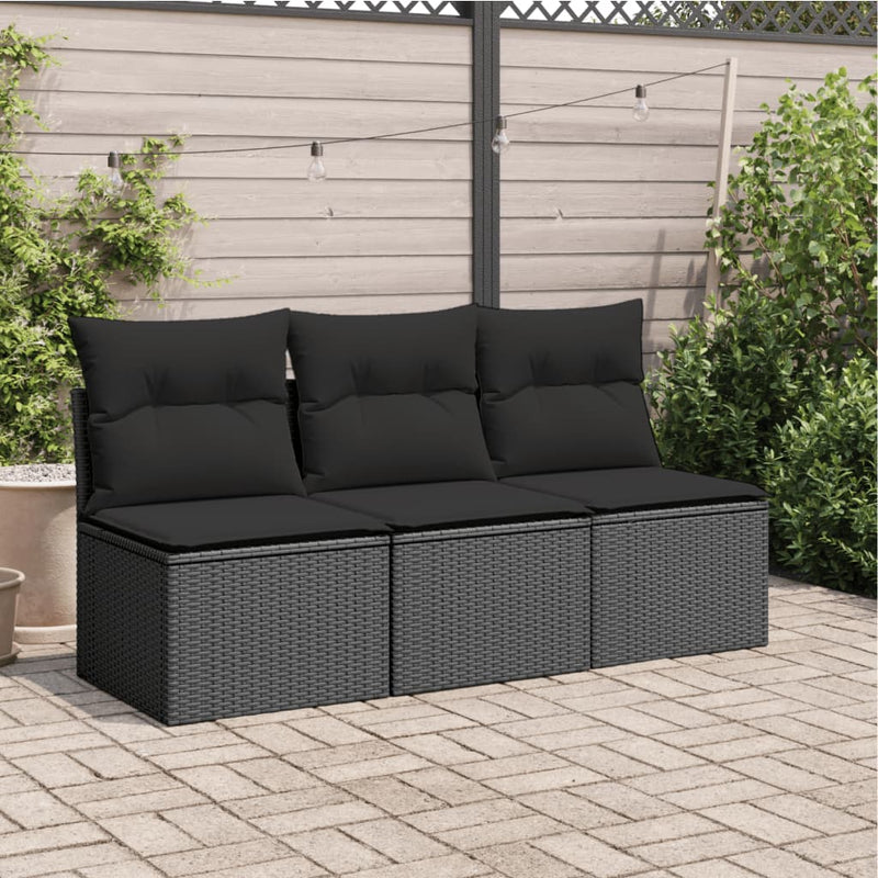 vidaXL Garden Sofa with Cushions 3-Seater Black Poly Rattan