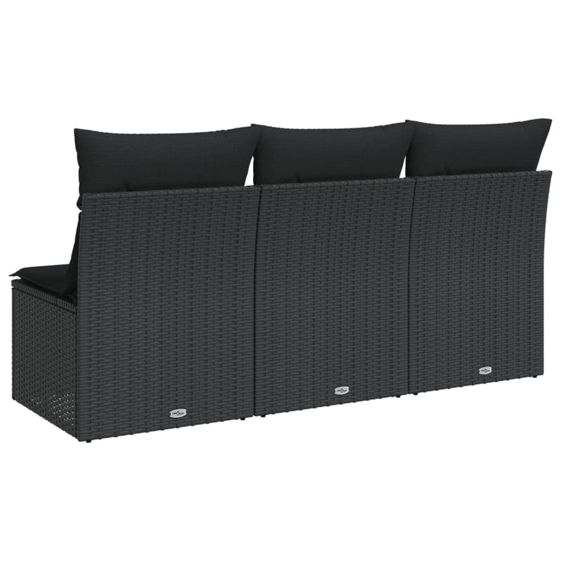 vidaXL Garden Sofa with Cushions 3-Seater Black Poly Rattan