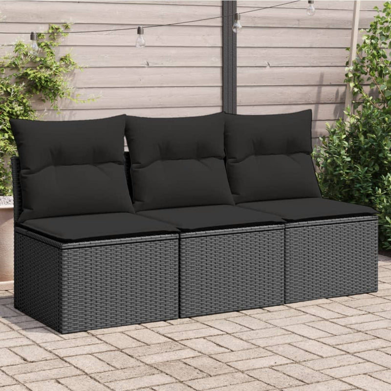 vidaXL Garden Sofa with Cushions 3-Seater Black Poly Rattan