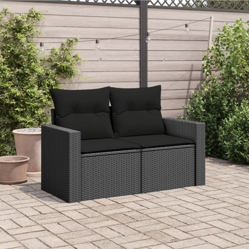 vidaXL Garden Sofa with Cushions 2-Seater Black Poly Rattan
