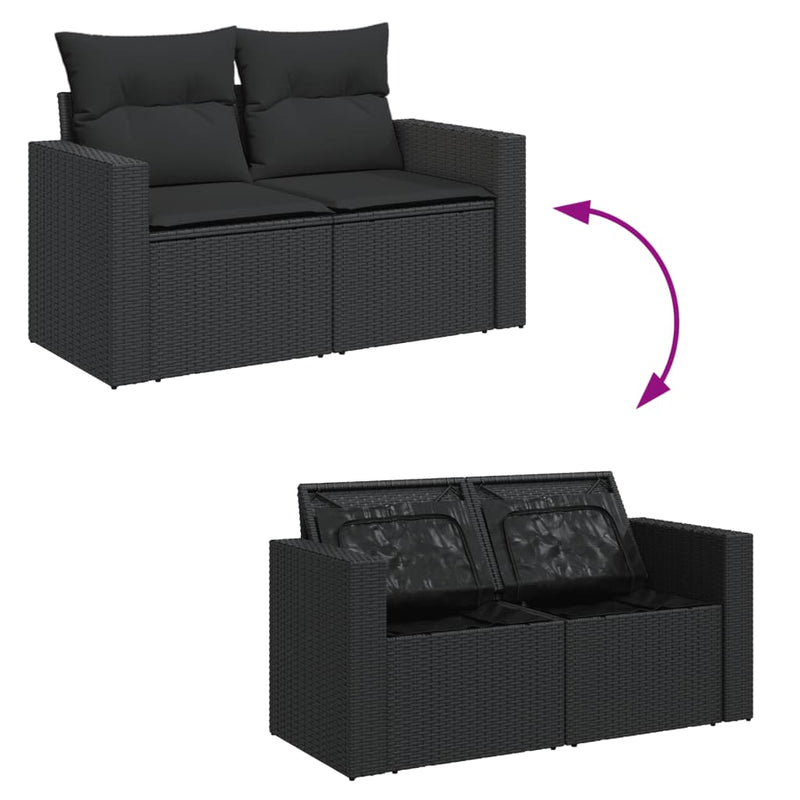 vidaXL Garden Sofa with Cushions 2-Seater Black Poly Rattan