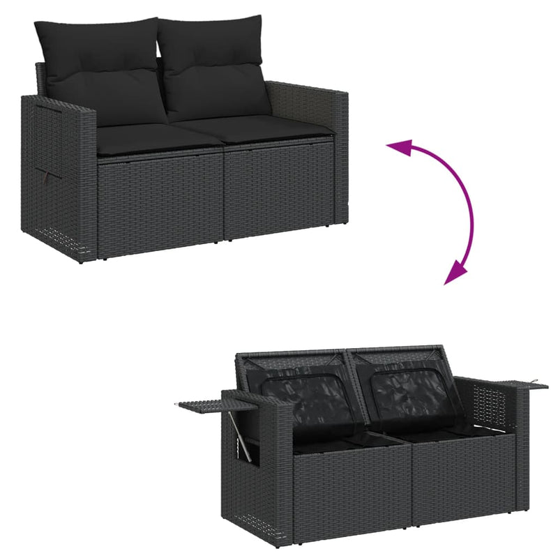 vidaXL Garden Sofa with Cushions 2-Seater Black Poly Rattan