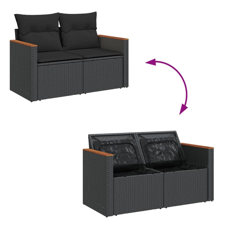 vidaXL Garden Sofa with Cushions 2-Seater Black Poly Rattan