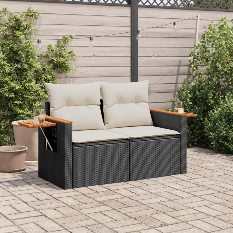 vidaXL Garden Sofa with Cushions 2-Seater Black Poly Rattan