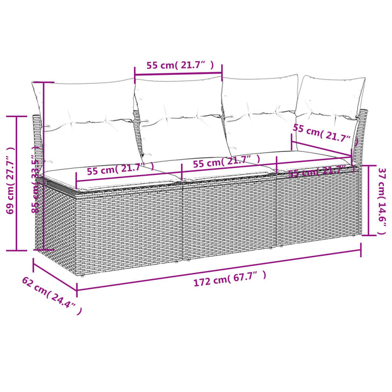 vidaXL Garden Sofa with Cushions 3-Seater Black Poly Rattan