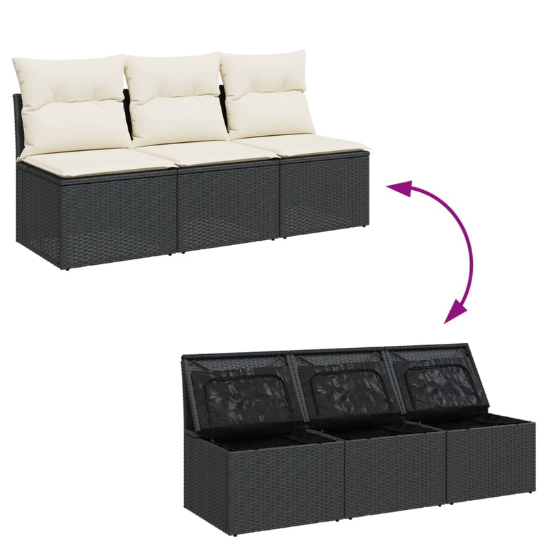vidaXL Garden Sofa with Cushions 3-Seater Black Poly Rattan