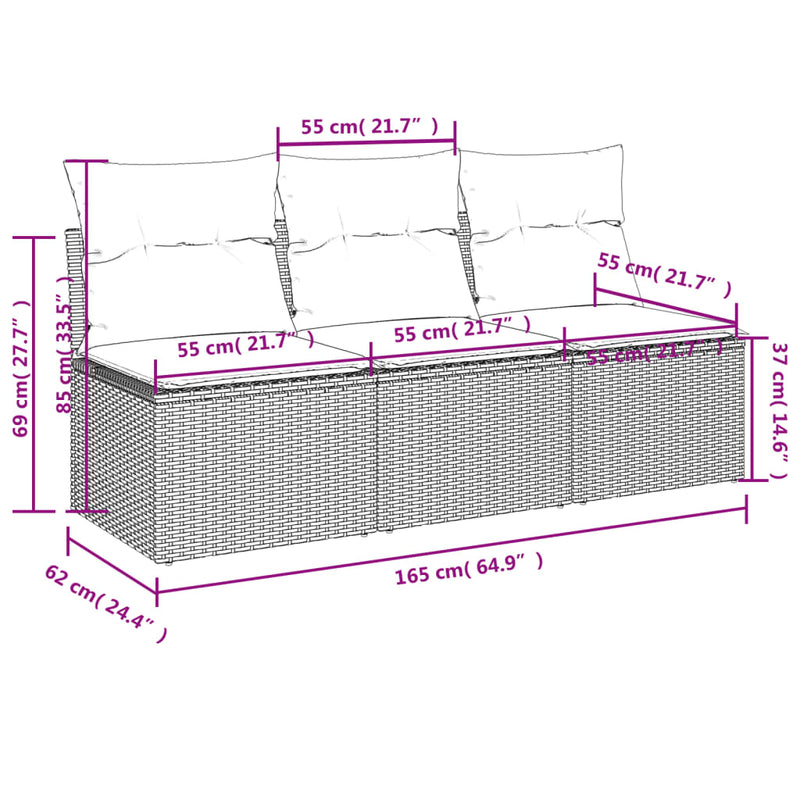 vidaXL Garden Sofa with Cushions 3-Seater Black Poly Rattan