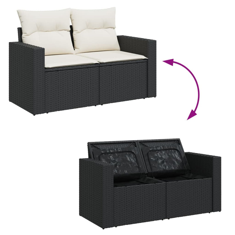 vidaXL Garden Sofa with Cushions 2-Seater Black Poly Rattan