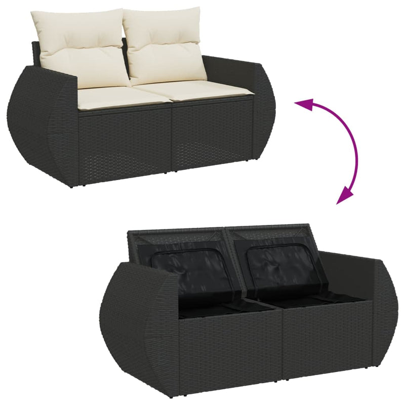 vidaXL Garden Sofa with Cushions 2-Seater Black Poly Rattan