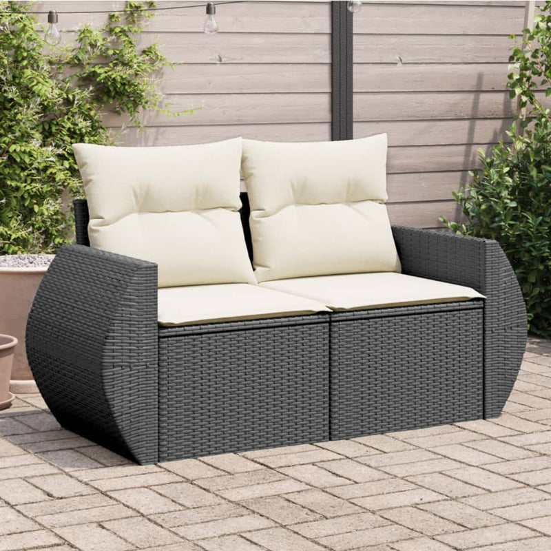 vidaXL Garden Sofa with Cushions 2-Seater Black Poly Rattan