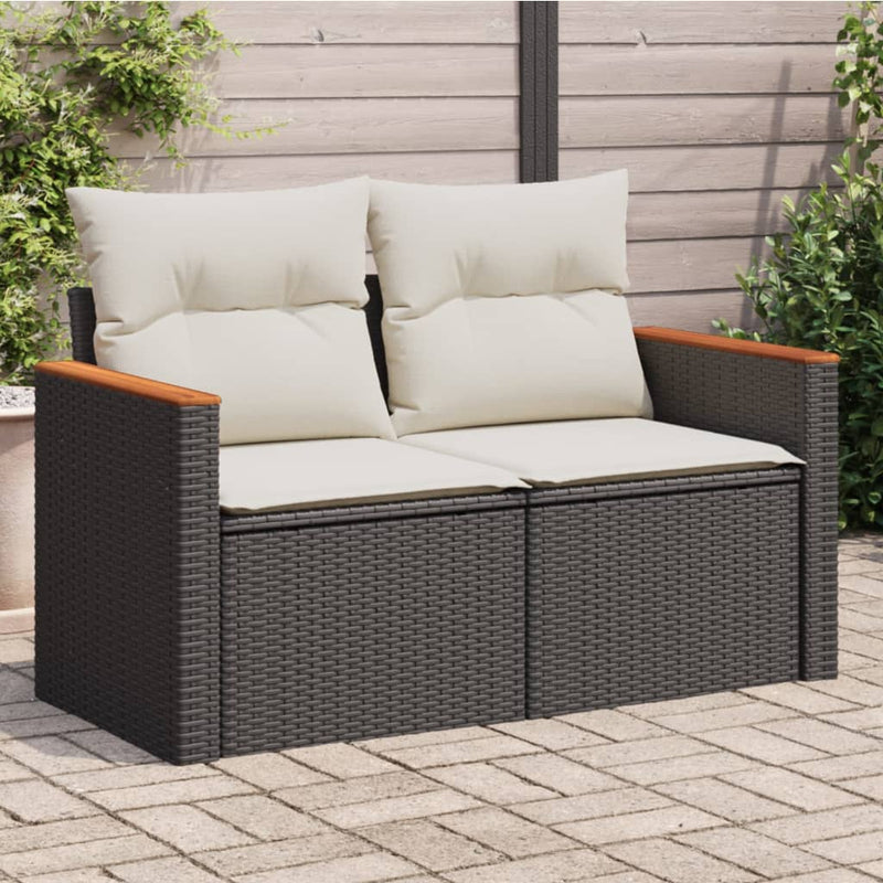 vidaXL Garden Sofa with Cushions 2-Seater Black Poly Rattan