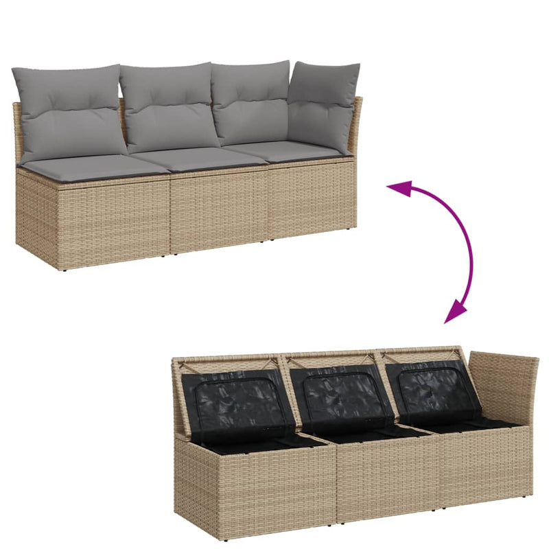 vidaXL Garden Sofa with Cushions 3-Seater Beige Poly Rattan