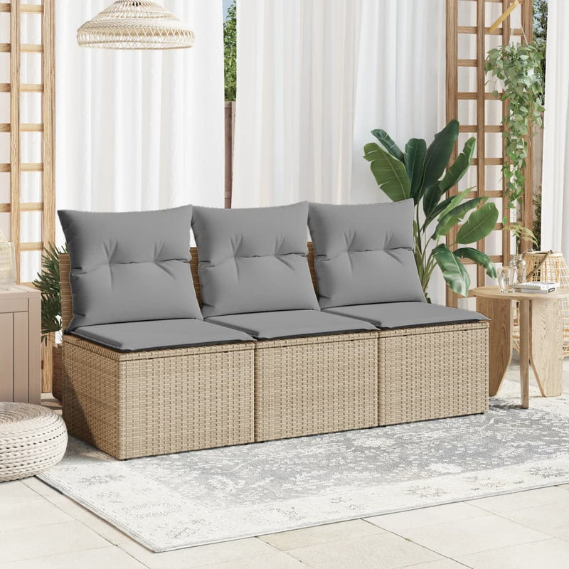 vidaXL Garden Sofa with Cushions 3-Seater Beige Poly Rattan