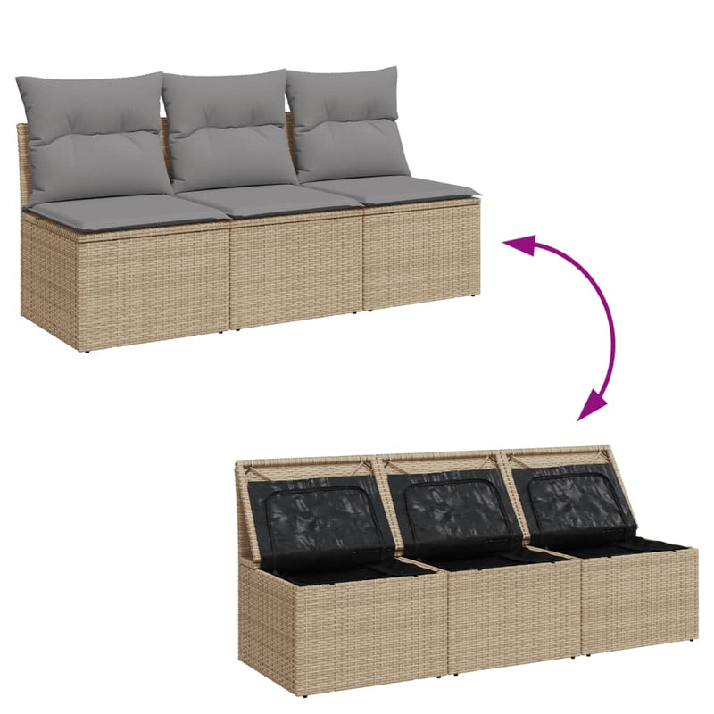 vidaXL Garden Sofa with Cushions 3-Seater Beige Poly Rattan
