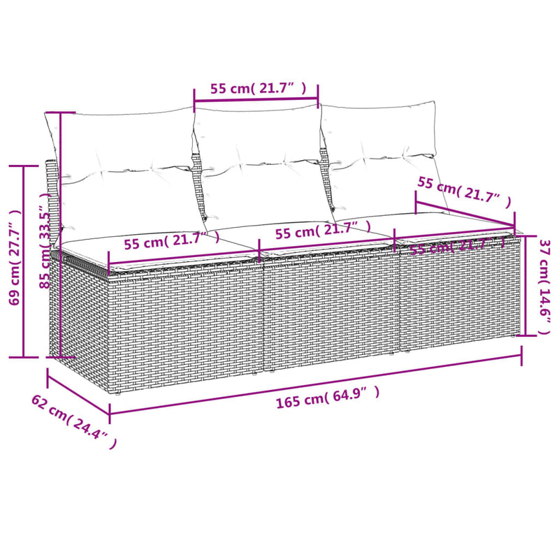 vidaXL Garden Sofa with Cushions 3-Seater Beige Poly Rattan