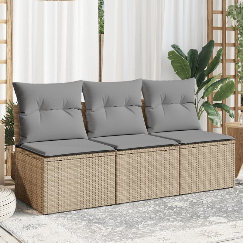 vidaXL Garden Sofa with Cushions 3-Seater Beige Poly Rattan