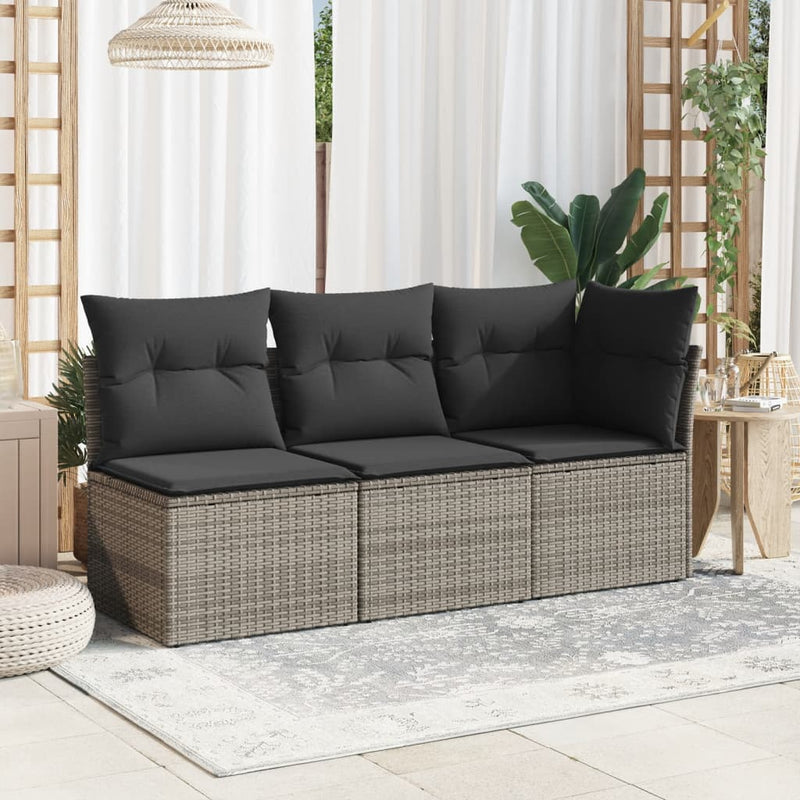 vidaXL Garden Sofa with Cushions 3-Seater Grey Poly Rattan