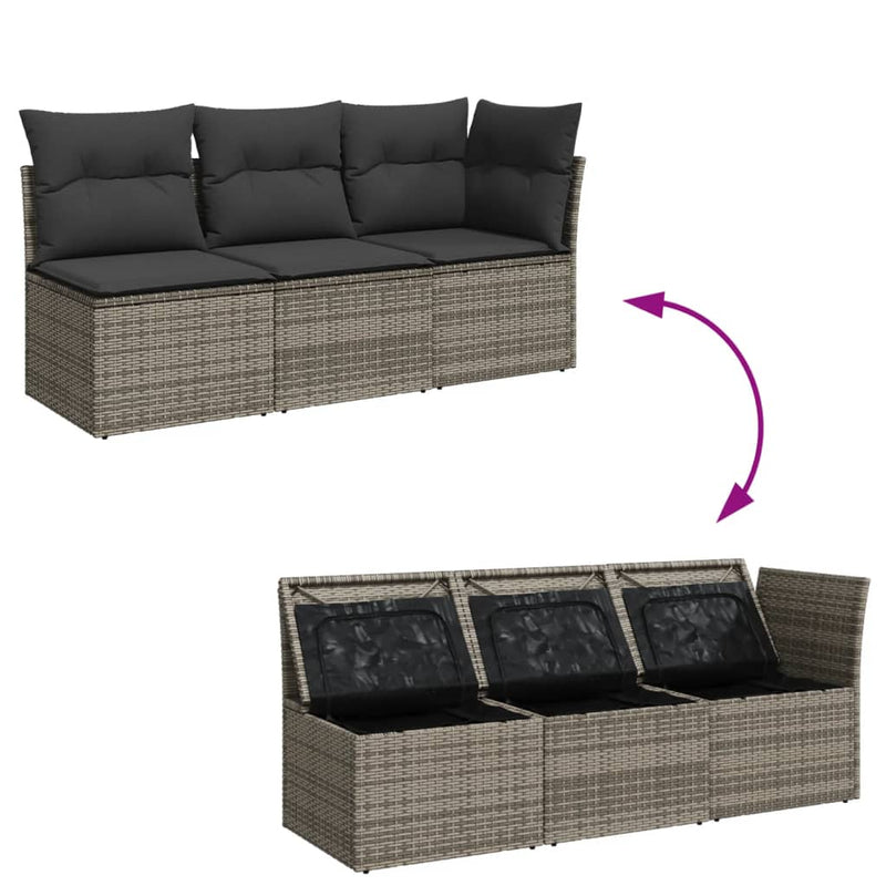 vidaXL Garden Sofa with Cushions 3-Seater Grey Poly Rattan