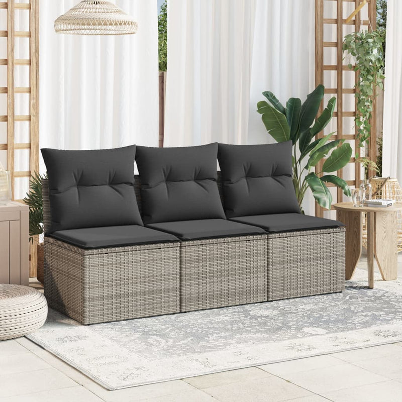 vidaXL Garden Sofa with Cushions 3-Seater Grey Poly Rattan