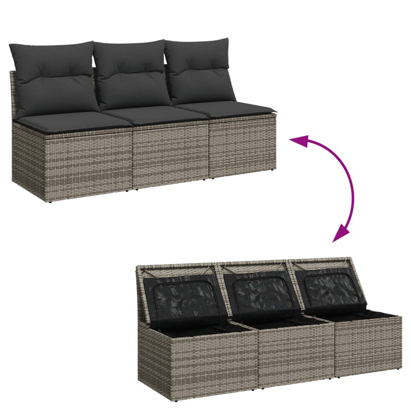 vidaXL Garden Sofa with Cushions 3-Seater Grey Poly Rattan