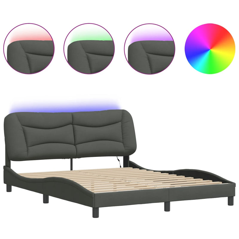 vidaXL Bed Frame with LED without Mattress "Hvar" Dark Grey 152x203 cm Queen Fabric