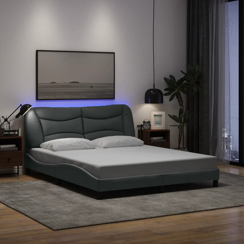vidaXL Bed Frame with LED without Mattress "Hvar" Dark Grey 152x203 cm Queen Fabric