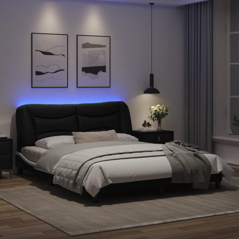 Bed Frame with LED Light Black and White 152x203 cm Faux Leather