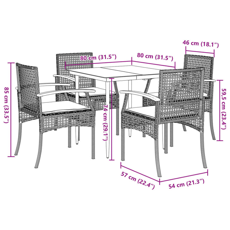 vidaXL 5 Piece Garden Dining Set with Cushions Black Poly Rattan