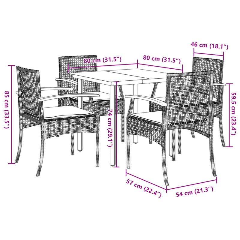 vidaXL 5 Piece Garden Dining Set with Cushions Black Poly Rattan