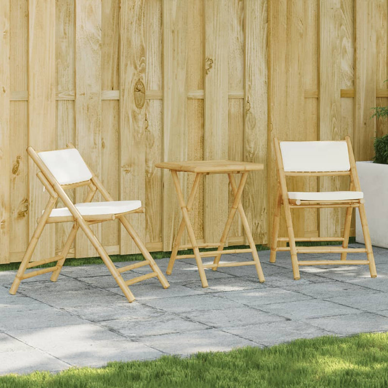 3 Piece Folding Bistro Set with Cream White Cushions Bamboo