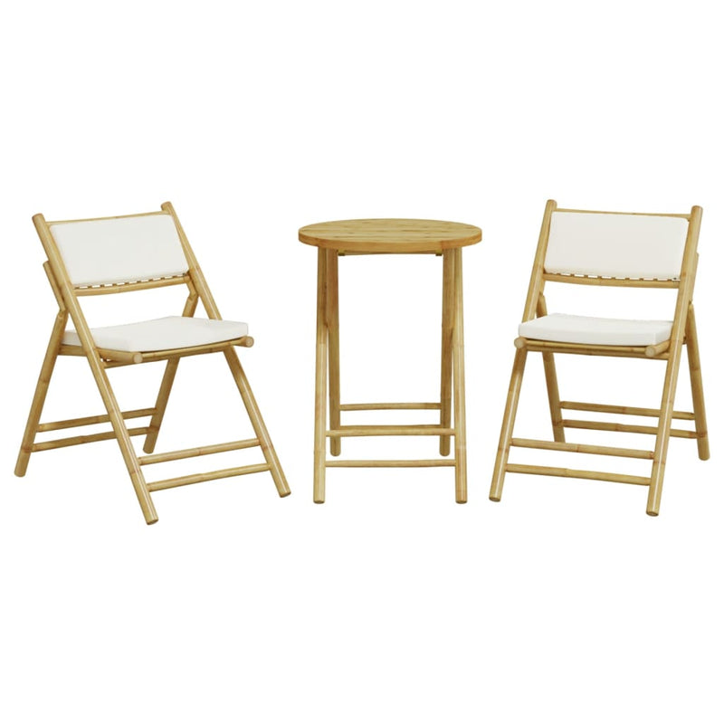 3 Piece Folding Bistro Set with Cream White Cushions Bamboo