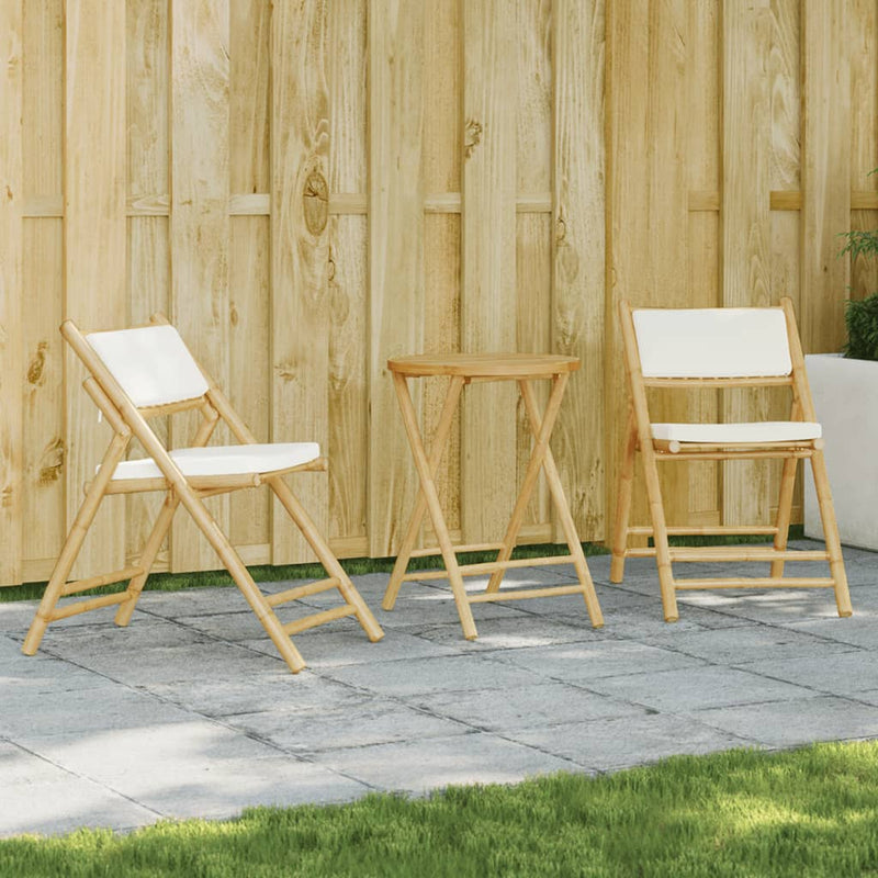 3 Piece Folding Bistro Set with Cream White Cushions Bamboo