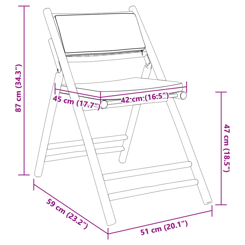 vidaXL 2 Piece Folding Bistro Chairs with Cream White Cushions Bamboo