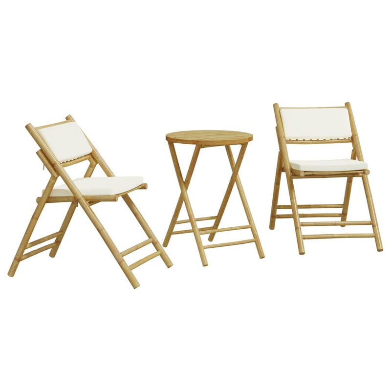 3 Piece Folding Bistro Set with Cream White Cushions Bamboo