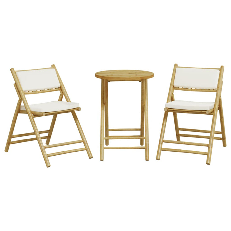 3 Piece Folding Bistro Set with Cream White Cushions Bamboo