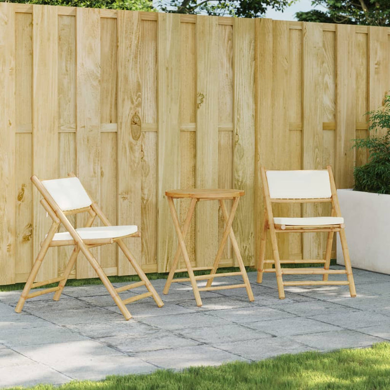 vidaXL 3 Piece Folding Bistro Set with Cream White Cushions Bamboo