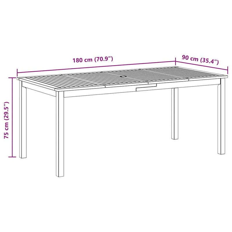 vidaXL Garden Dining Table 180x90x75 cm Solid Wood Acacia