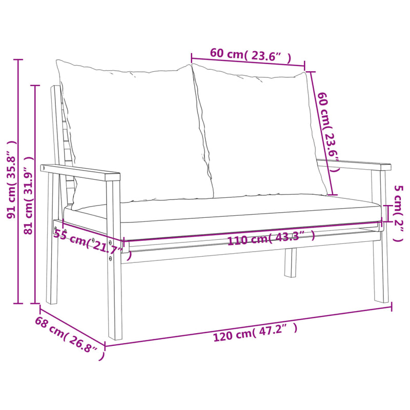 vidaXL Garden Sofa Bench 120 cm with Cushion Solid Wood Acacia