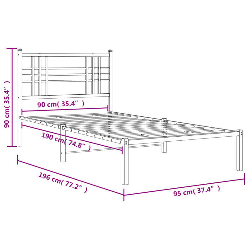 Metal Bed Frame with Headboard Black 90x190 cm