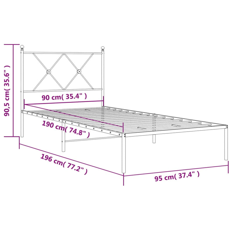 Metal Bed Frame with Headboard Black 90x190 cm