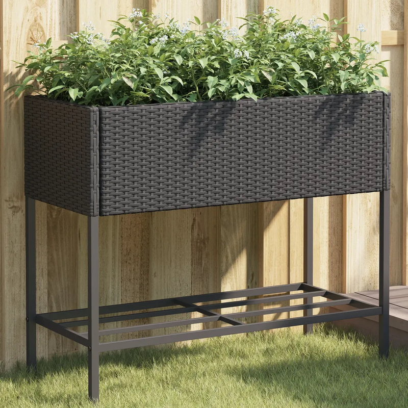 Garden Planter with Shelf Black Poly Rattan