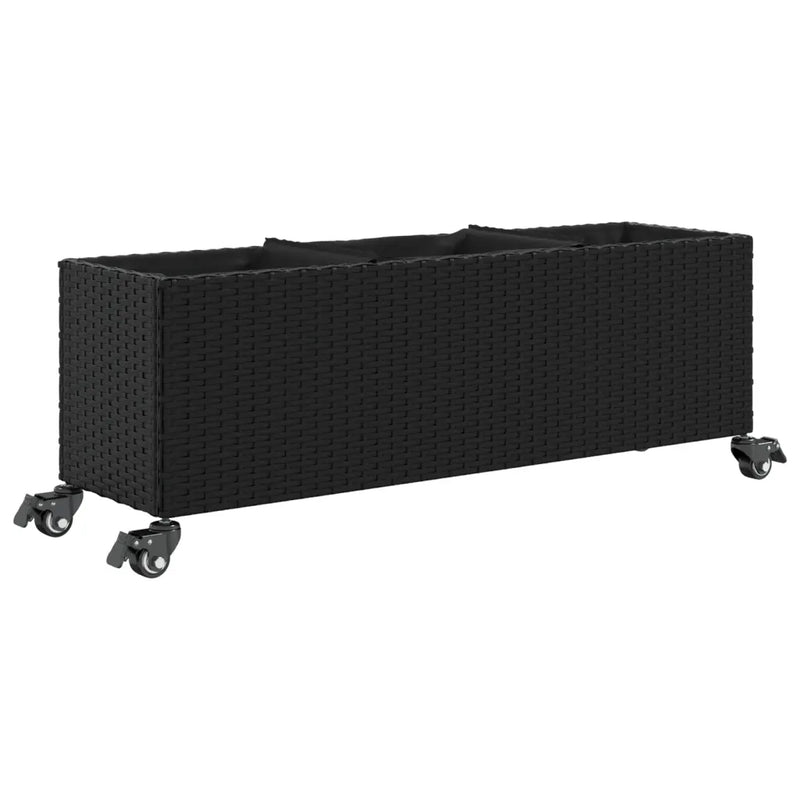 Garden Planter with Wheels and 3 Pots Black 107x32x38 cm Poly Rattan